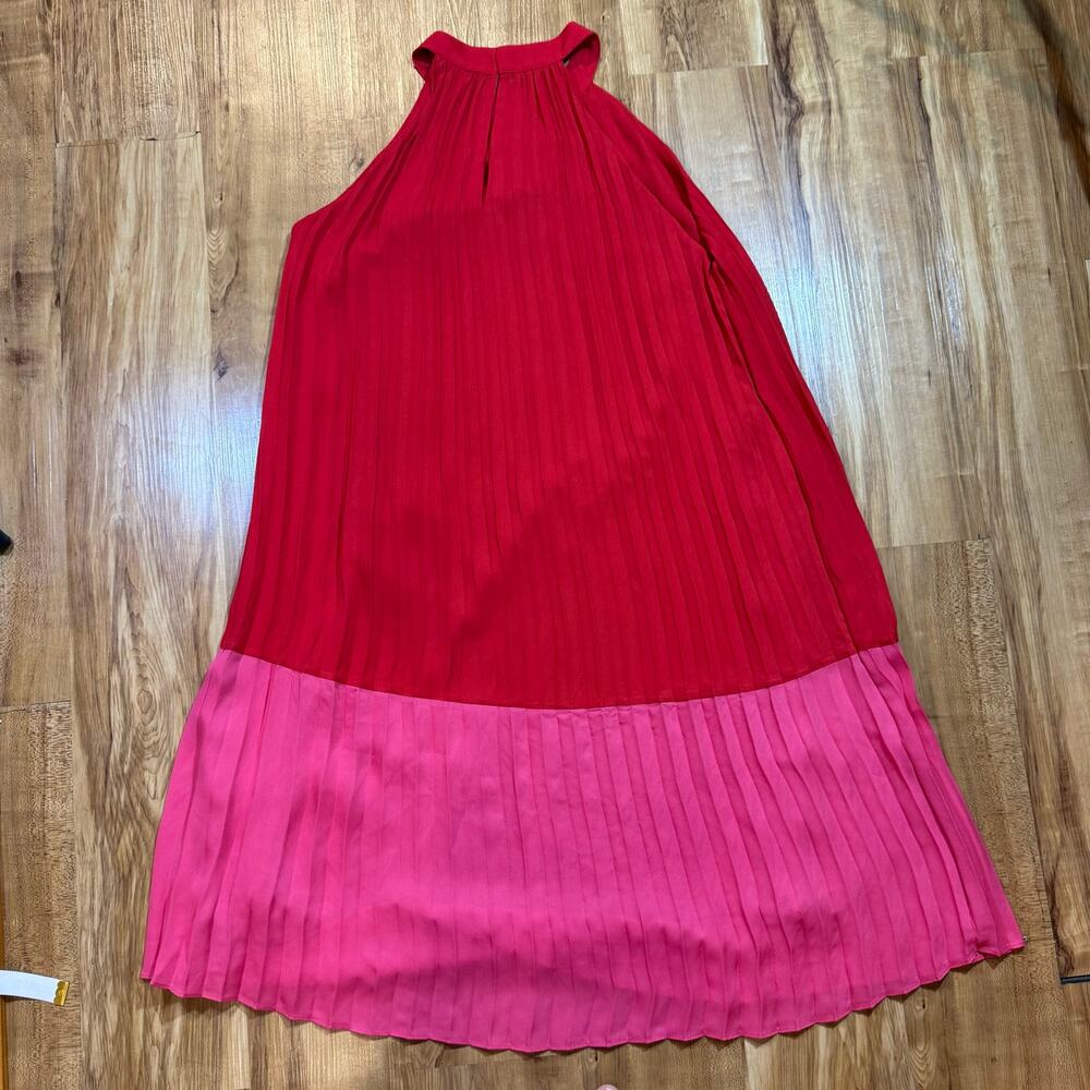 Strut and Bolt Pink and Red Pleated Colorblock Satin Halterneck Mini Dress M - Picture 6 of 7
